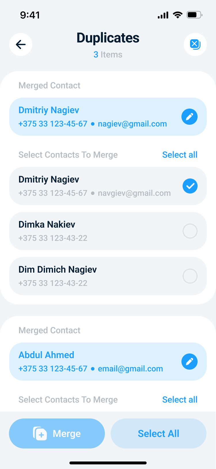 Cleaner Kit AI duplicate contacts merge screen showing a merged contact preview and selectable contact rows.
