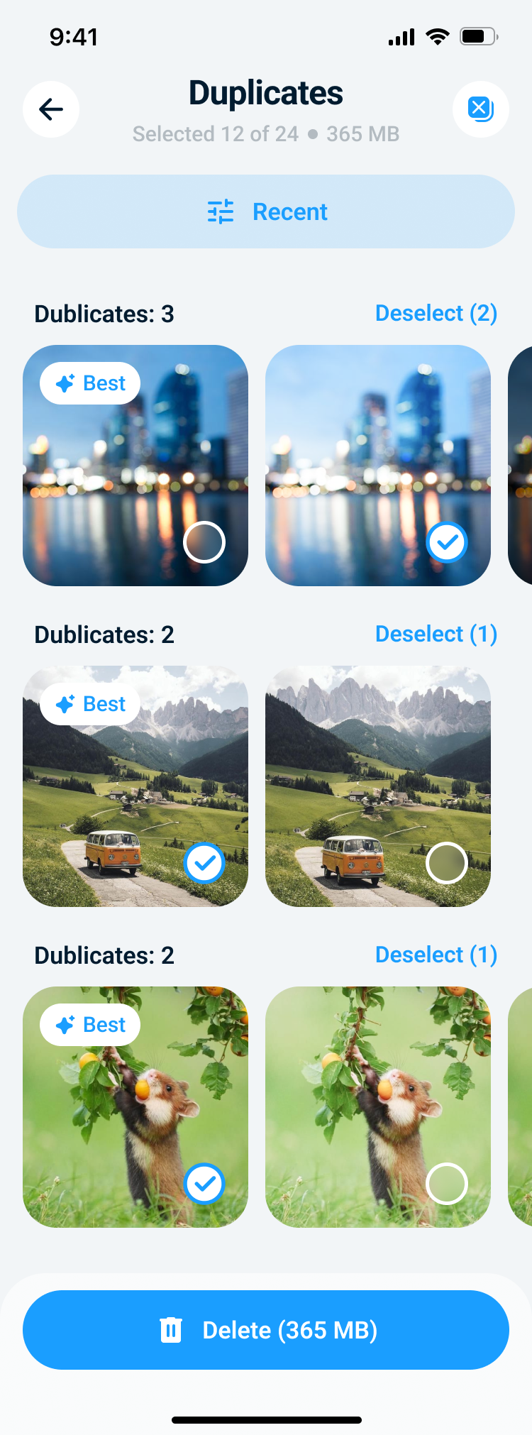 Cleaner Kit AI duplicate photo review screen where the best photo is highlighted and selected for deletion.