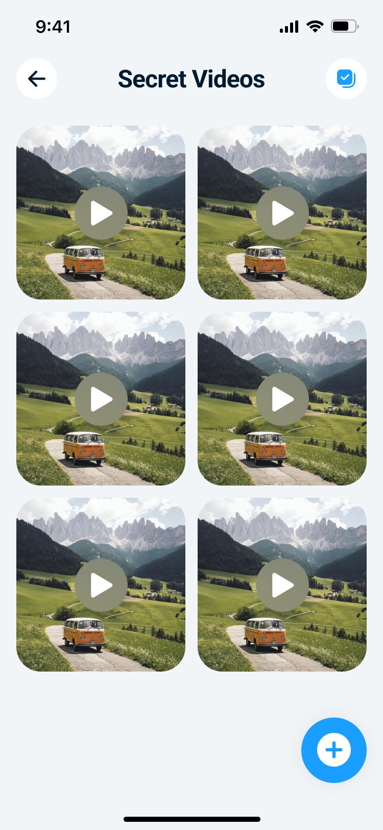Cleaner Kit AI Secret Videos screen with hidden video thumbnails inside the private vault.
